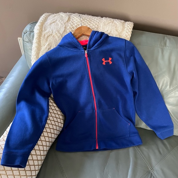 SPRING Girls UNDER ARMOUR UA Royal Blue & Neon Pink ZIP HOODIE JACKET YLG - Picture 5 of 10